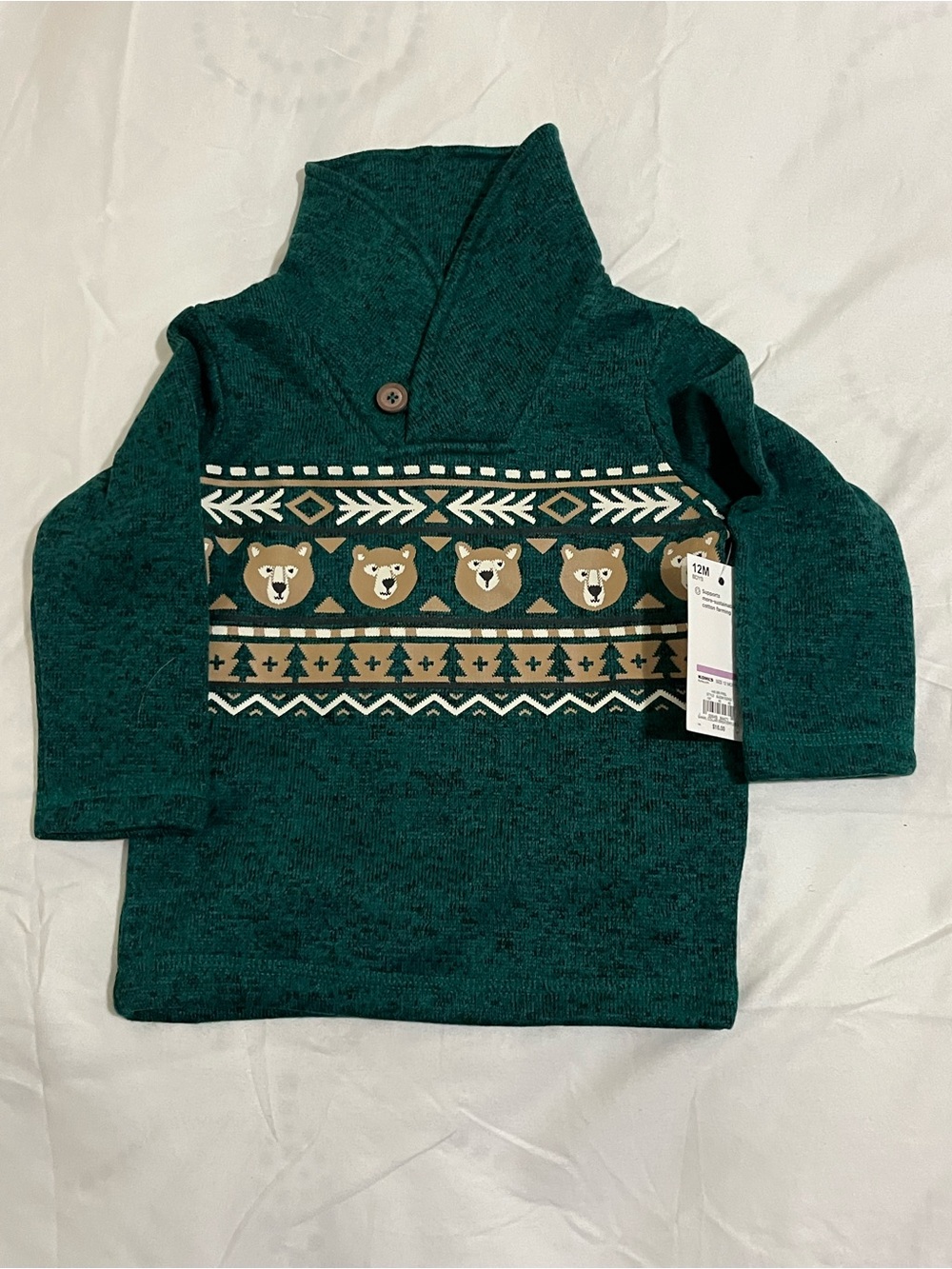 jumping beans Teal Green Shawl Collar Bear Fair Isle Sweater Size 12 Months NWT